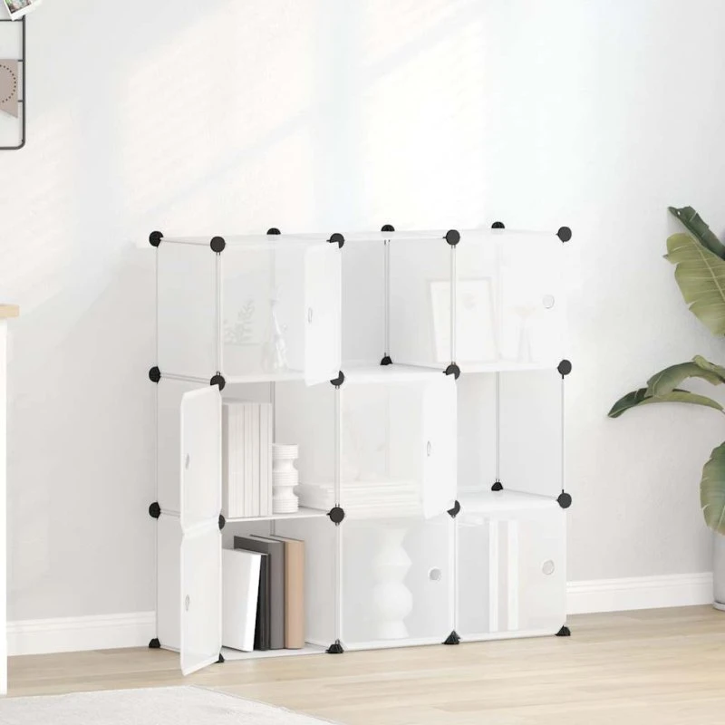 vidaXL opbevaringskube 9 kuber m. døre, transparent PP 94,5×31,5×94 cm