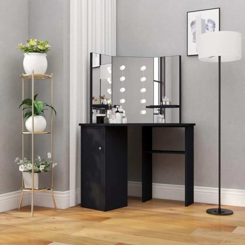 vidaXL toiletbord til hjørne med LED 111x54x141,5 cm sort