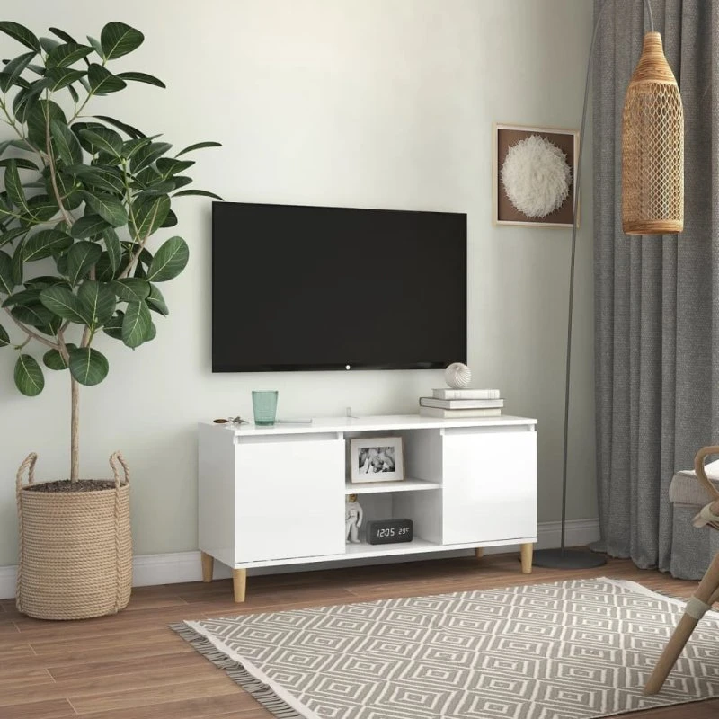 vidaXL TV-bord 103,5x35x50 cm – Hvid højglans, massive træben