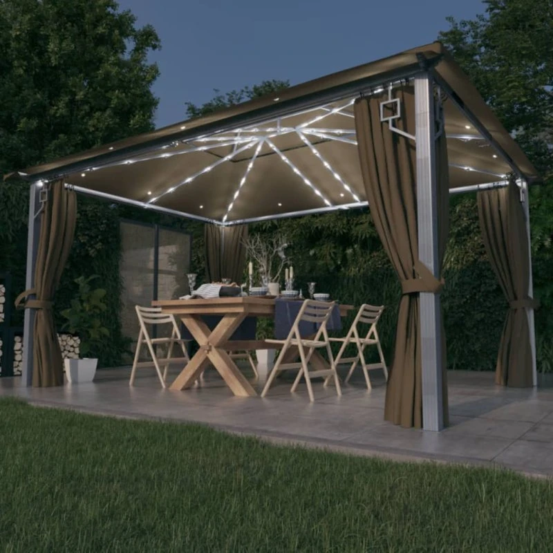 vidaXL pavillon med gardin & LED 400x300 cm aluminium gråbrun