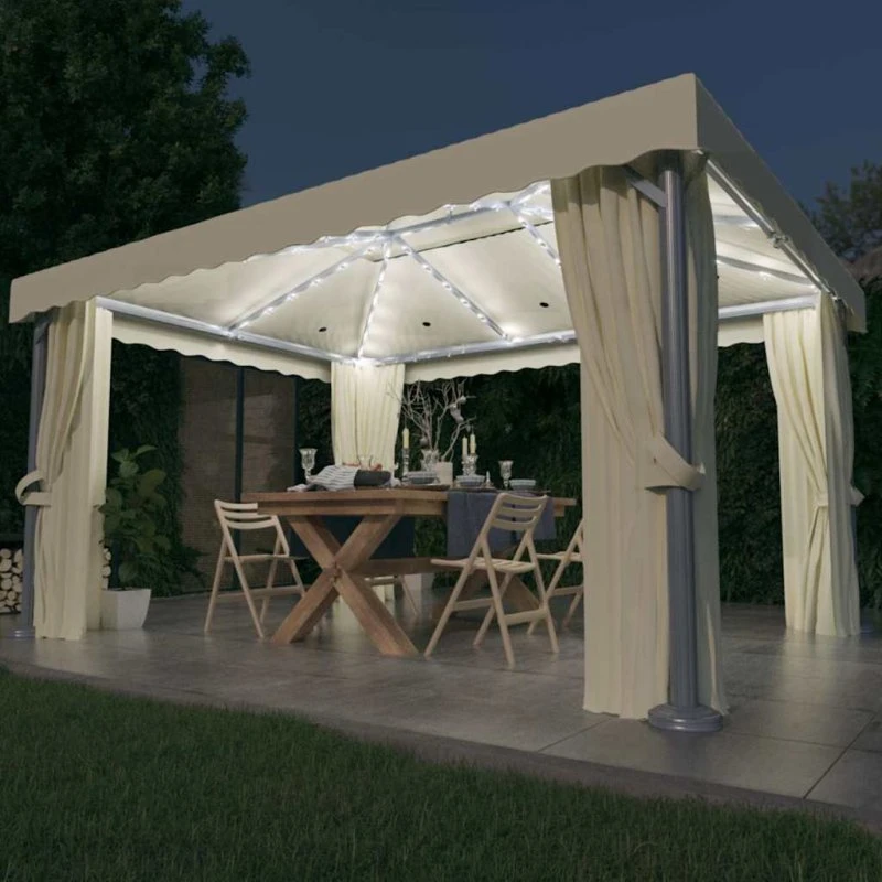 vidaXL Pavillon 4x3 m med gardin & LED-lyskæder, creme