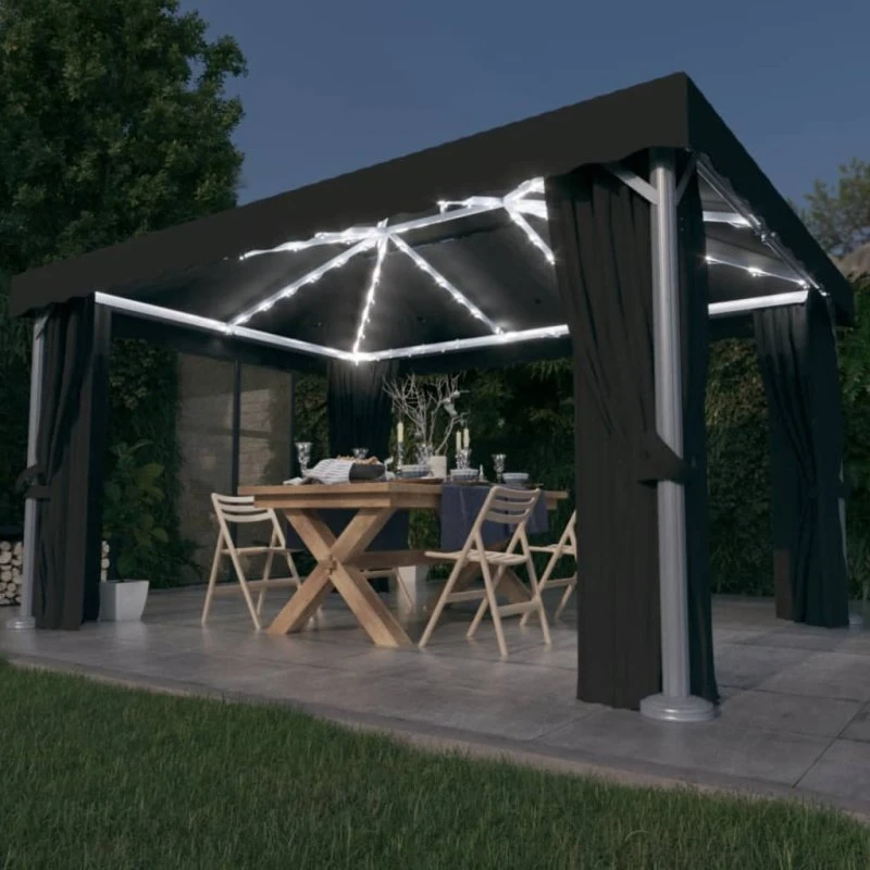 vidaXL pavillon med gardin og LED 4x3 m antracitgrå