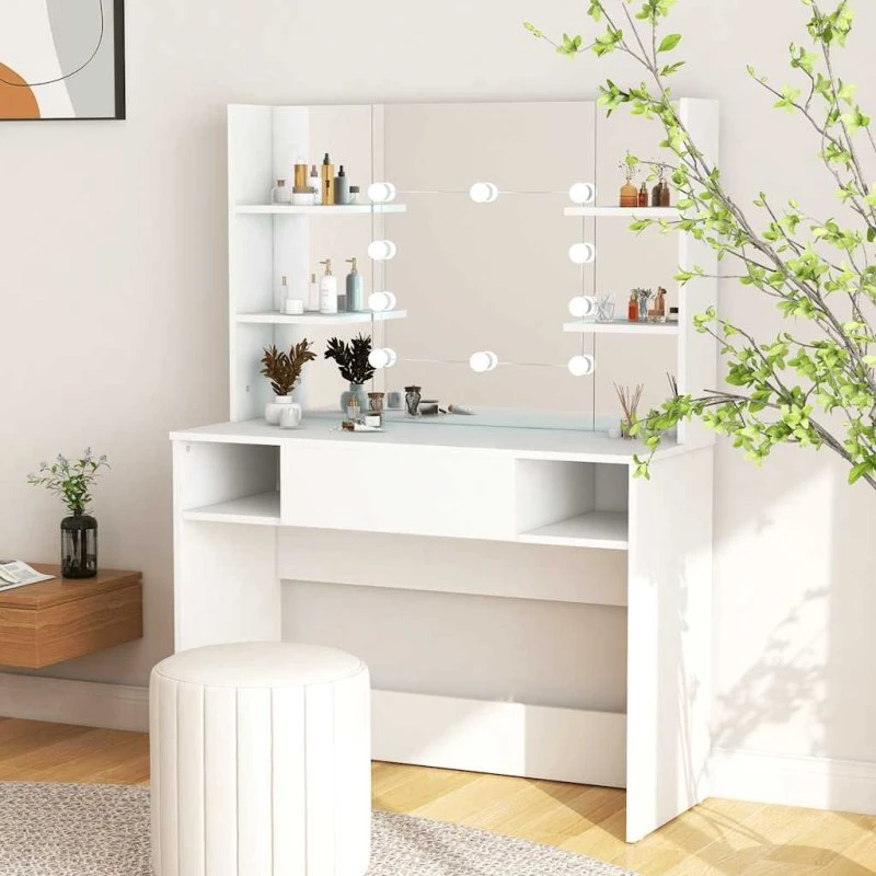 vidaXL Makeupbord med LED-lys 100x40x135 cm MDF, hvid