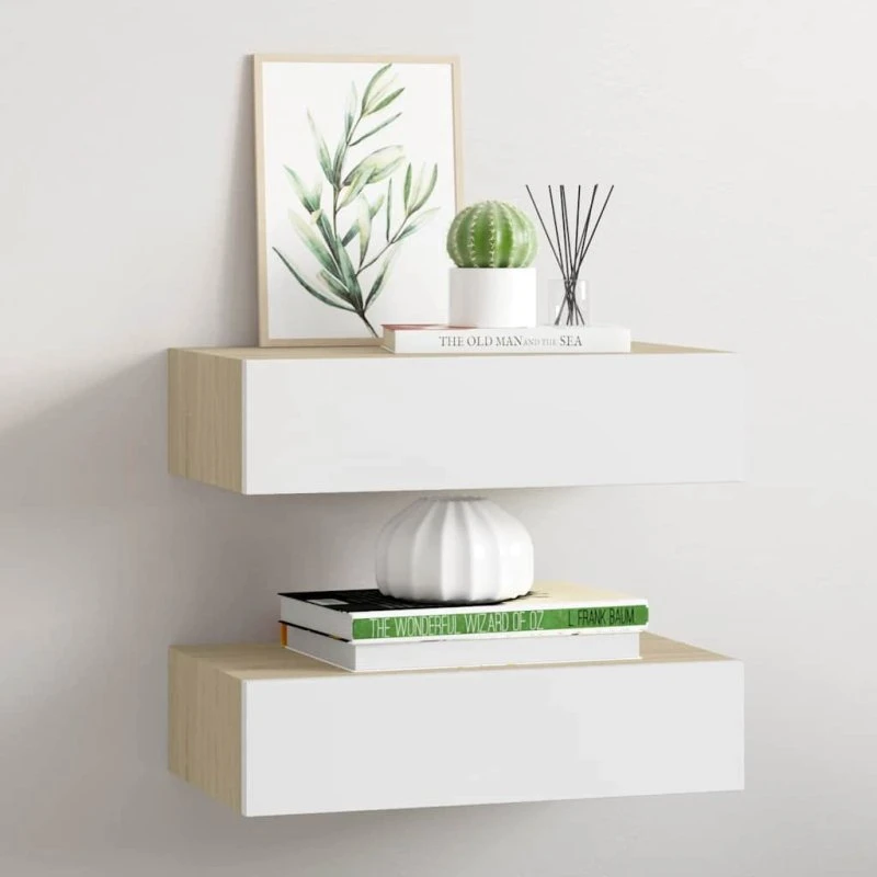 vidaXL væghylde med skuffe 2 stk. 40x23,5x10 cm eg/hvid
