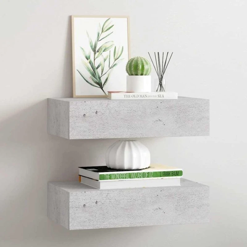 vidaXL væghylde med skuffe 40x23,5x10 cm MDF betongrå (2 stk)