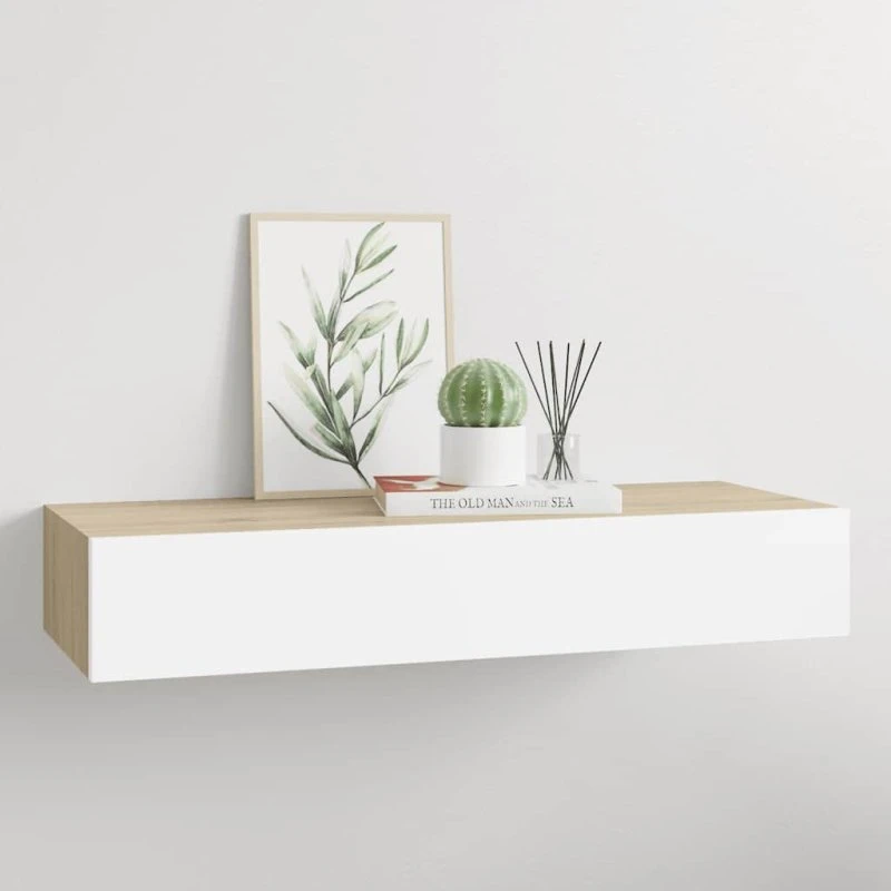 vidaXL vægmonteret skuffehylde eg/hvid 60x23,5x10 cm