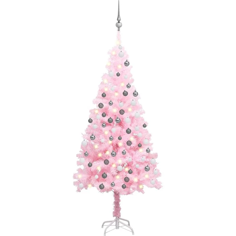 vidaXL kunstigt juletræ 180 cm PVC lyserød med LED-lys og kugler