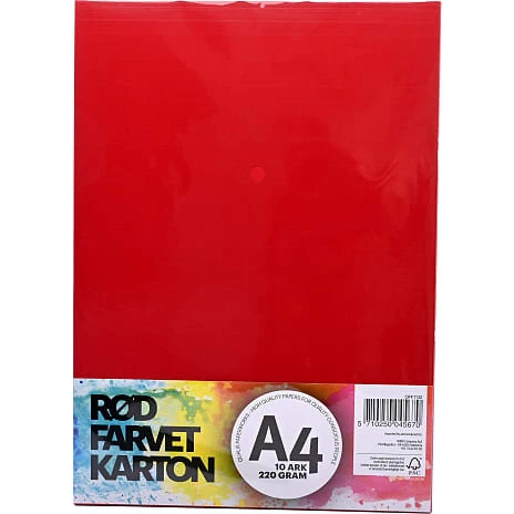 Farvet karton A4 10 ark - rød 220 g