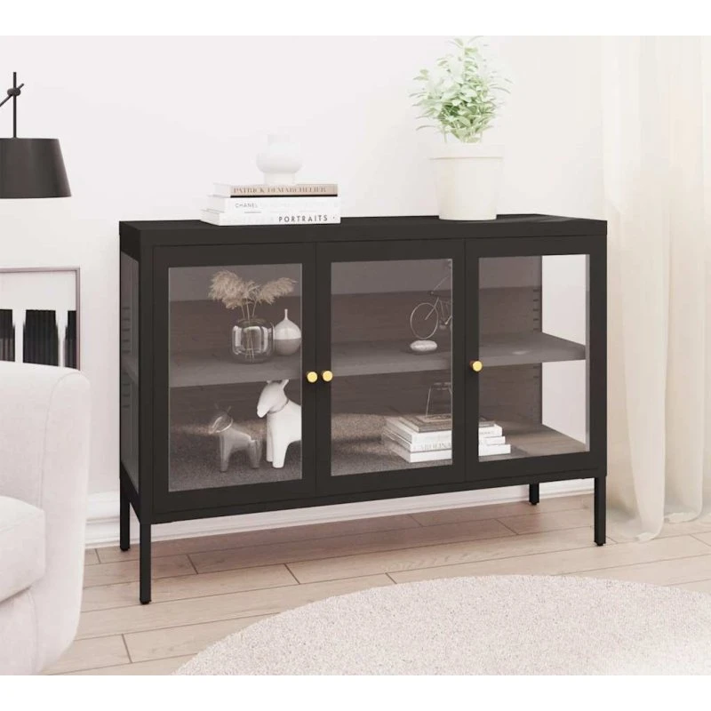 vidaXL skænk 105x35x70 cm i stål og glas, sort