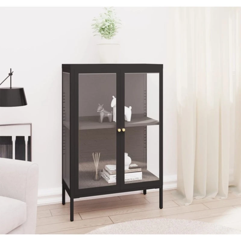 vidaXL skænk 75x35x105 cm i sort stål og glas