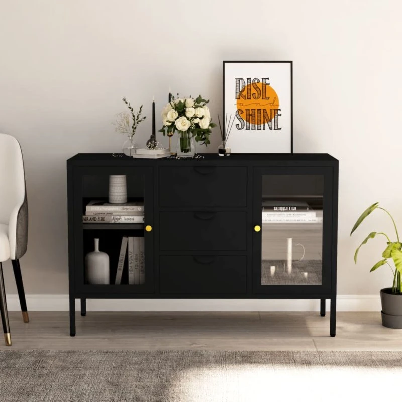 vidaXL skænk 105x35x70 cm i sort stål og glas