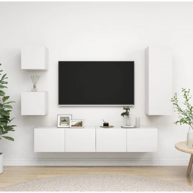 Tv-skabssæt 5 dele konstrueret træ, hvid 90 cm