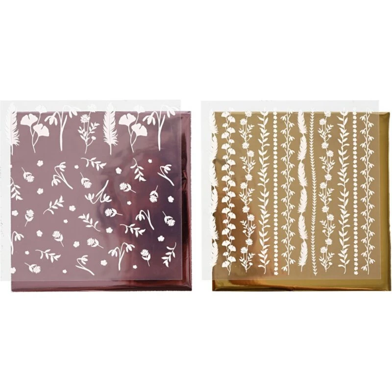 Dekorationsfolie m. blomster – Guld & Lilla 15x15 cm (2x2 ark)