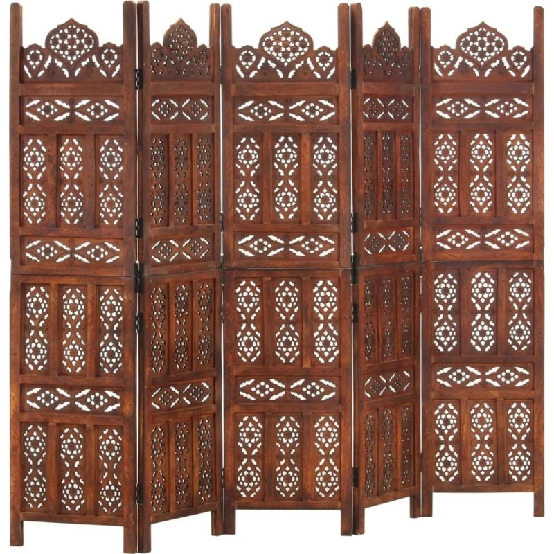 vidaXL 5-panels rumdeler 200 x 165 cm håndskåret massivt mangotræ, brun