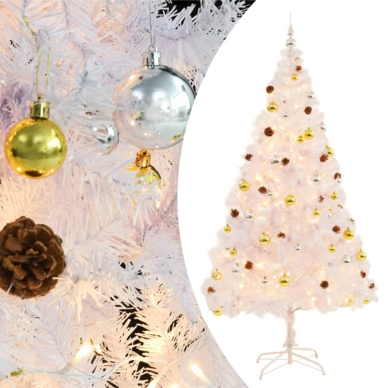 vidaXL kunstigt juletræ 210 cm hvid med LED-lys og julekugler