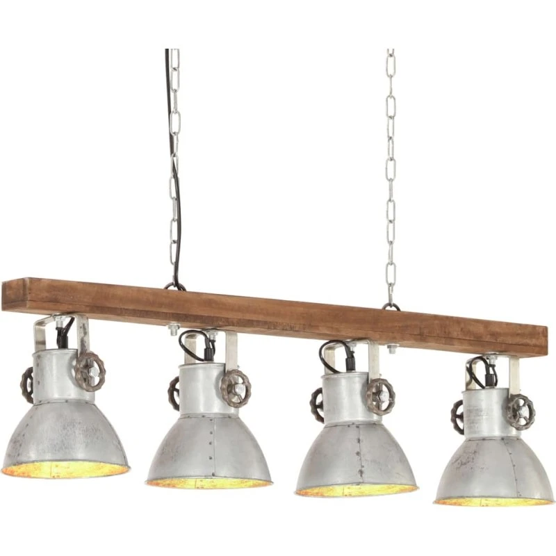 vidaXL Industriel loftlampe E27, 4 skærme mangotræ/sølv