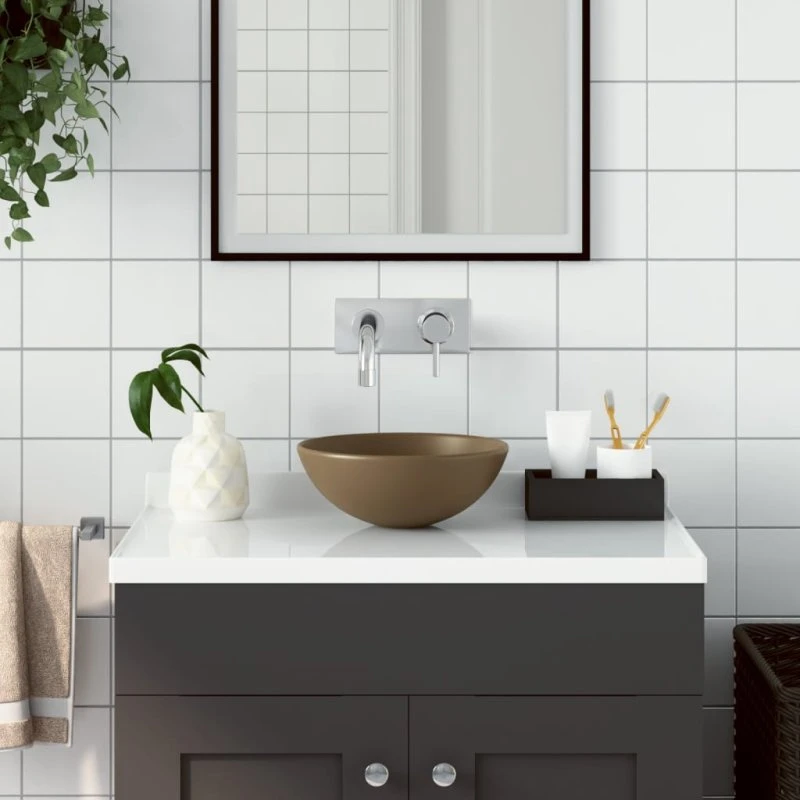 vidaXL keramisk overmonteret håndvask rund mat creme