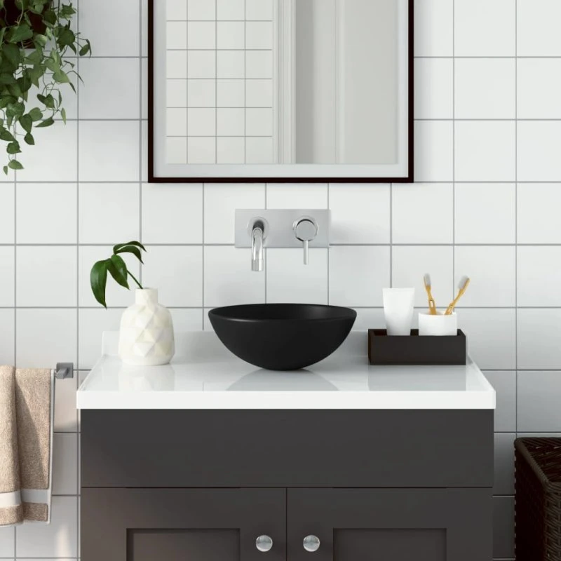 vidaXL keramisk håndvask rund mat sort, overbord, afløb 4,5 cm