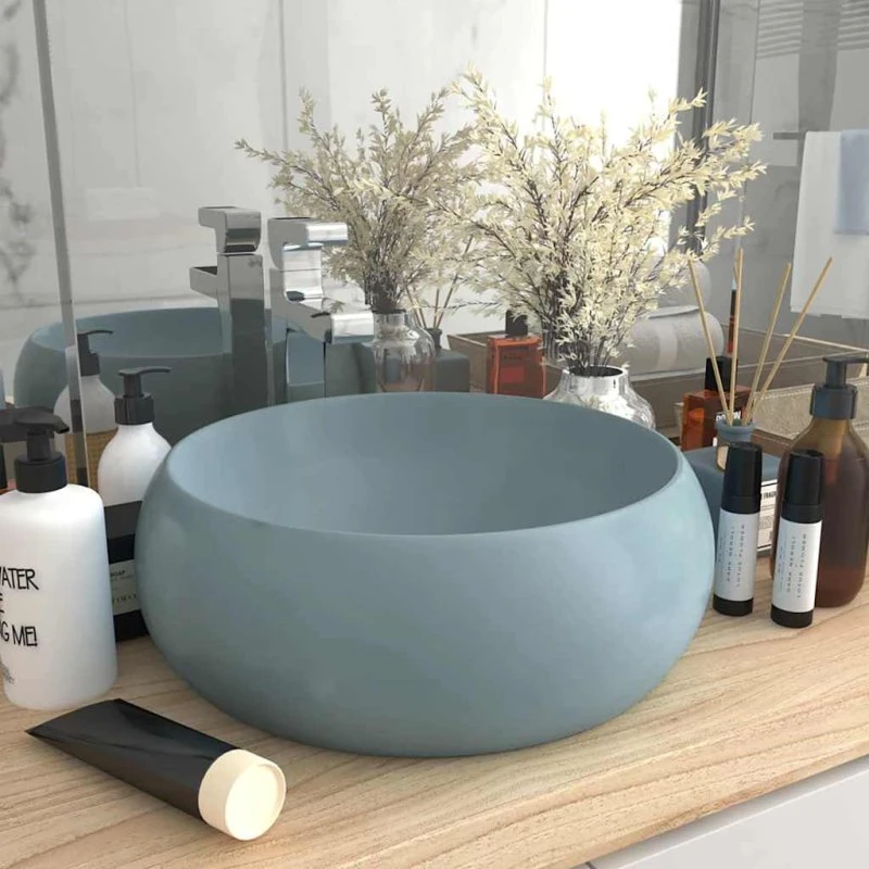 vidaXL rund håndvask 40x15 cm mat lyseblå keramik