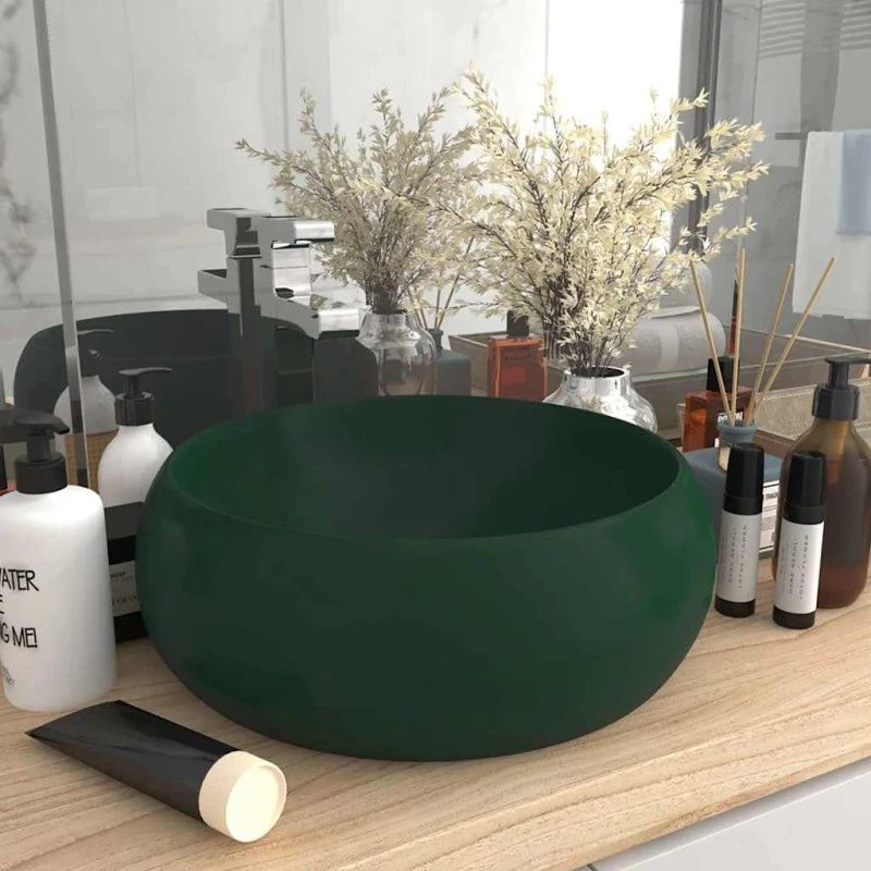 vidaXL rund håndvask 40x15 cm i mat mørkegrøn keramik