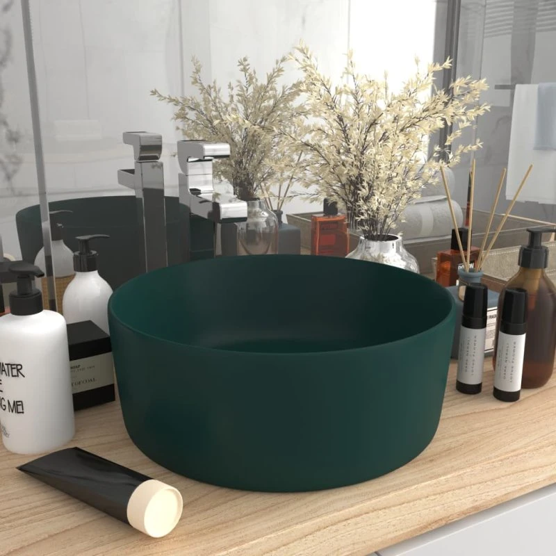 vidaXL rund håndvask i keramik 40x15 cm mat mørkegrøn