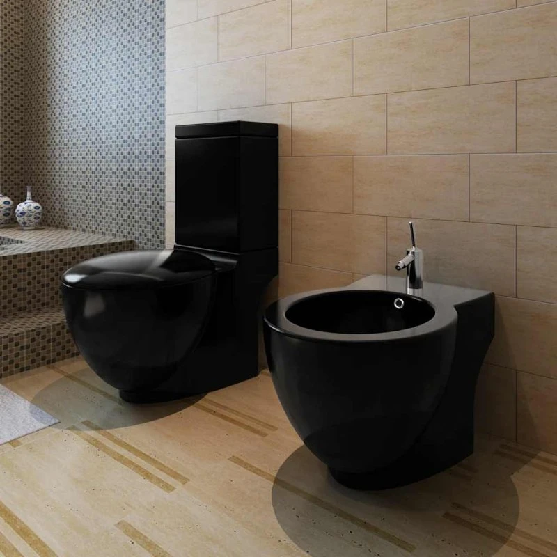 Sort keramisk stående toilet og bidet sæt, dobbeltskyl