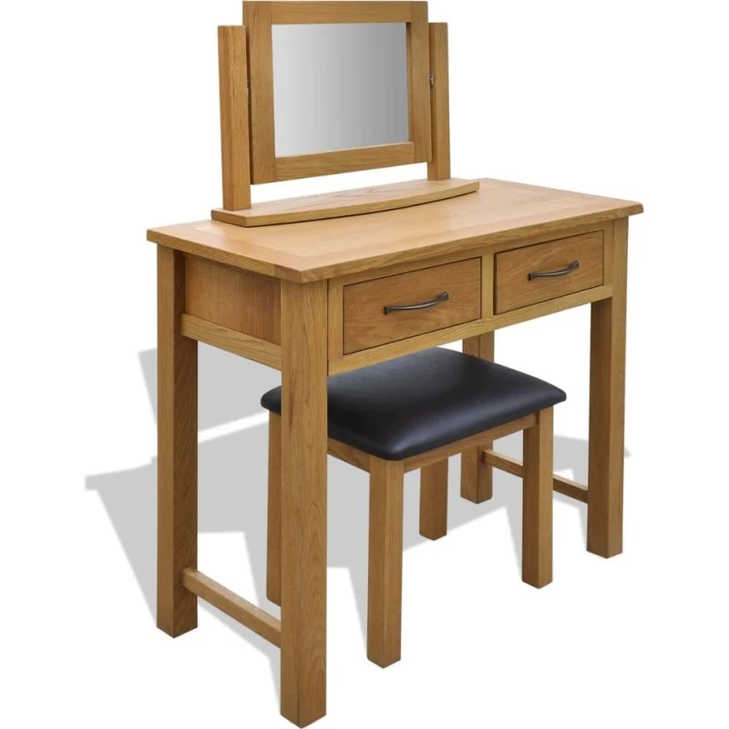 vidaXL sminkebord med taburet i massivt egetræ