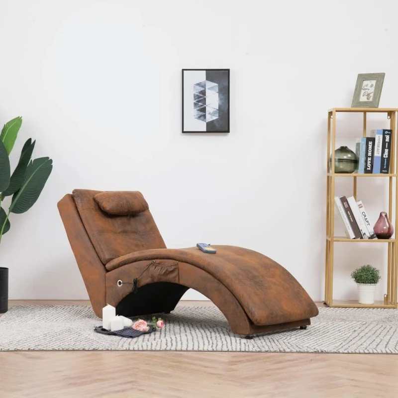 vidaXL massagechaiselong med pude i imiteret ruskind, brun