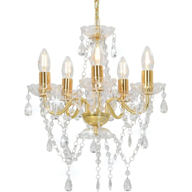 vidaXL Lysekrone rund med krystalperler 5 x E14, guld