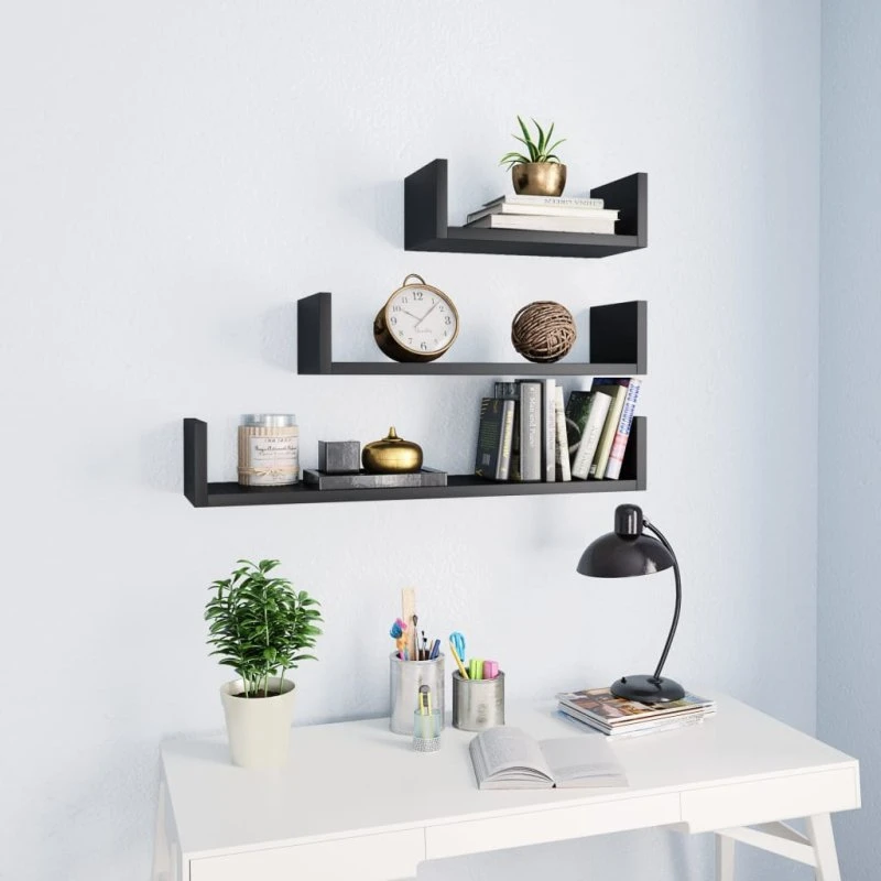 vidaXL væghylder 3 stk. U-formet konstrueret træ 60x15x10 cm, sort