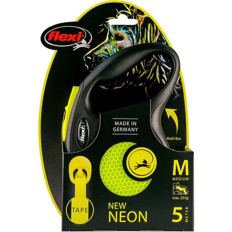 Flexi New NEON line M 5 m (maks 25 kg) - sort/neon