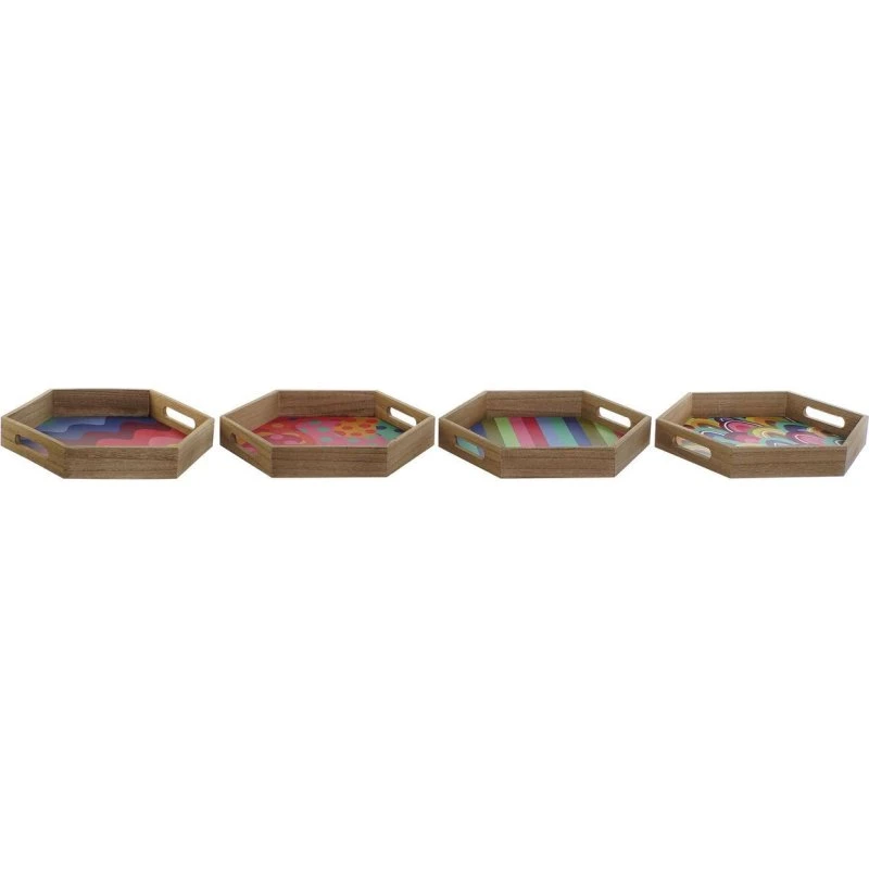 DKD Home Decor Bakke sæt 4 sekskantede træ/MDF natur/multifarvet