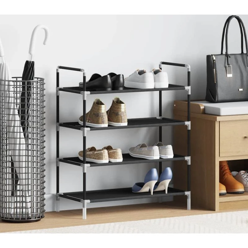 vidaXL skostativ 4 hylder metal og ikke-vævet stof, sort 60x29x67 cm