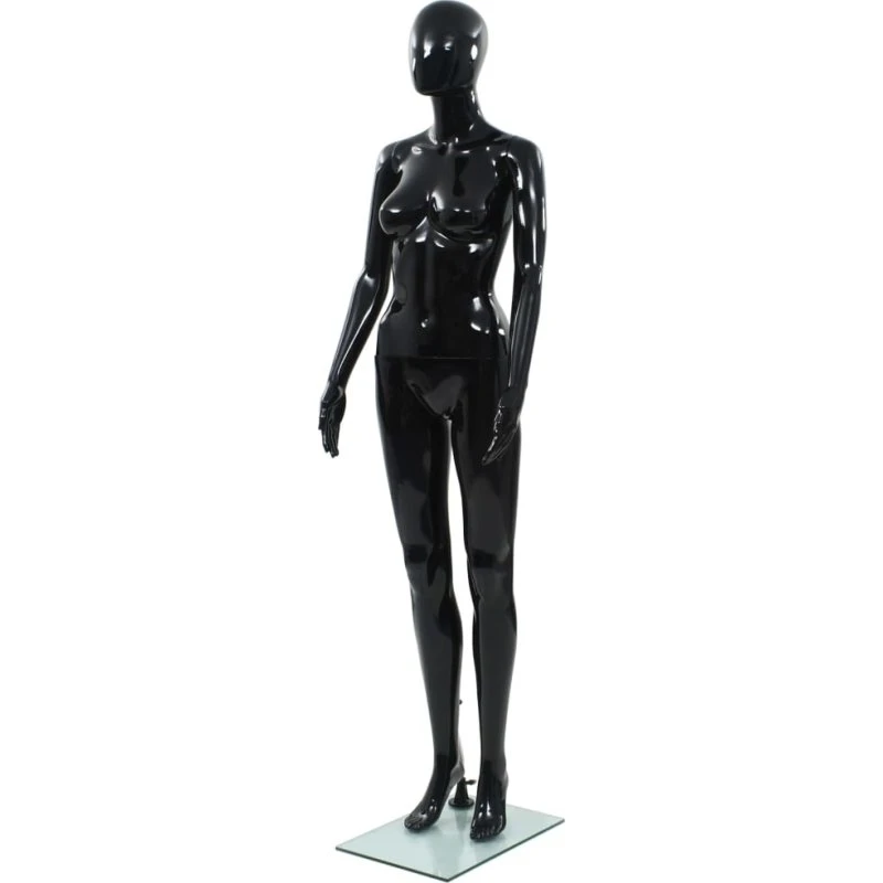 vidaXL Mannequin kvinde fuld figur 175 cm, sort højglans med glassokkel