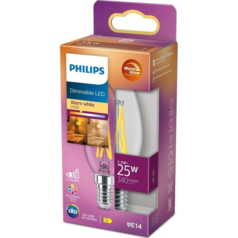 Philips LED E14 Crown 2,5W (25W) Clear WarmGlow 340 lm, dæmpbar