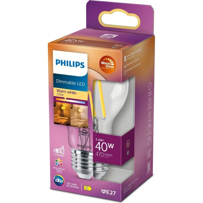 Philips LED E27 3,4W (40W) Klar WarmGlow dæmpbar 470 lm