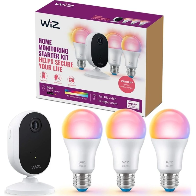 WiZ Self-Monitoring Startsæt – Indendørs kamera + 3x E27 farvepærer