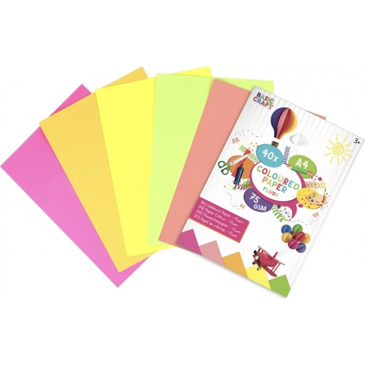 Fluo farvet papir A4 40 ark – 75 g/m²