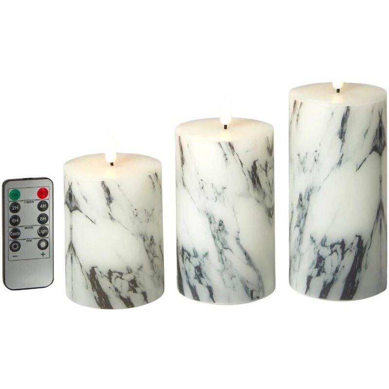 LED Bloklys sæt 3 stk. marmorlook med fjernbetjening