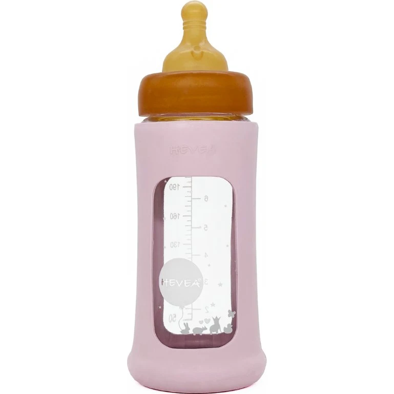 Hevea Wide Neck glasflaske med gummihylster 250 ml (Powder Pink)