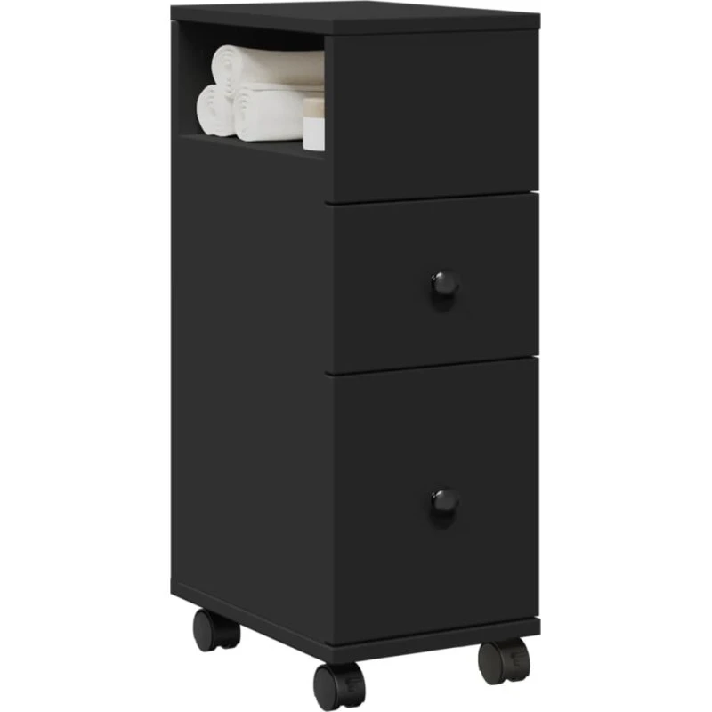 vidaXL Smalt badeværelsesskab med hjul, sort (egetræslook)