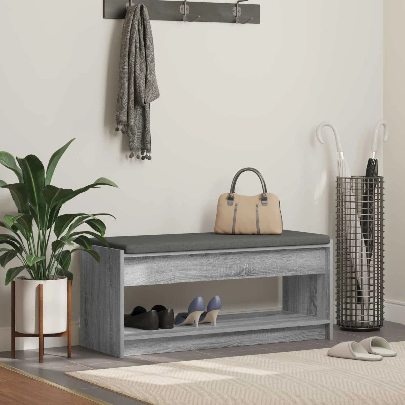 vidaXL Hallbænk med pude & hylde Grå Sonoma 103×38×45 cm
