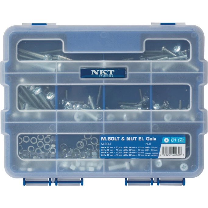NKT sortimentskasse med 135 maskinskruer og møtrikker