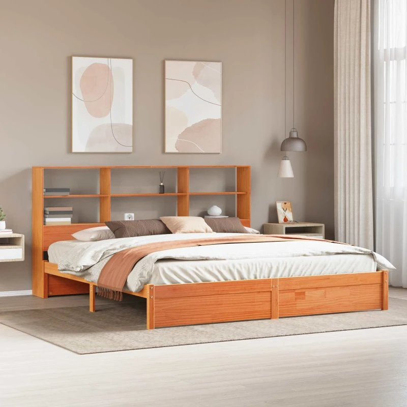 Sengestel 200x200 cm med bogreol i massiv fyr Voksbrun
