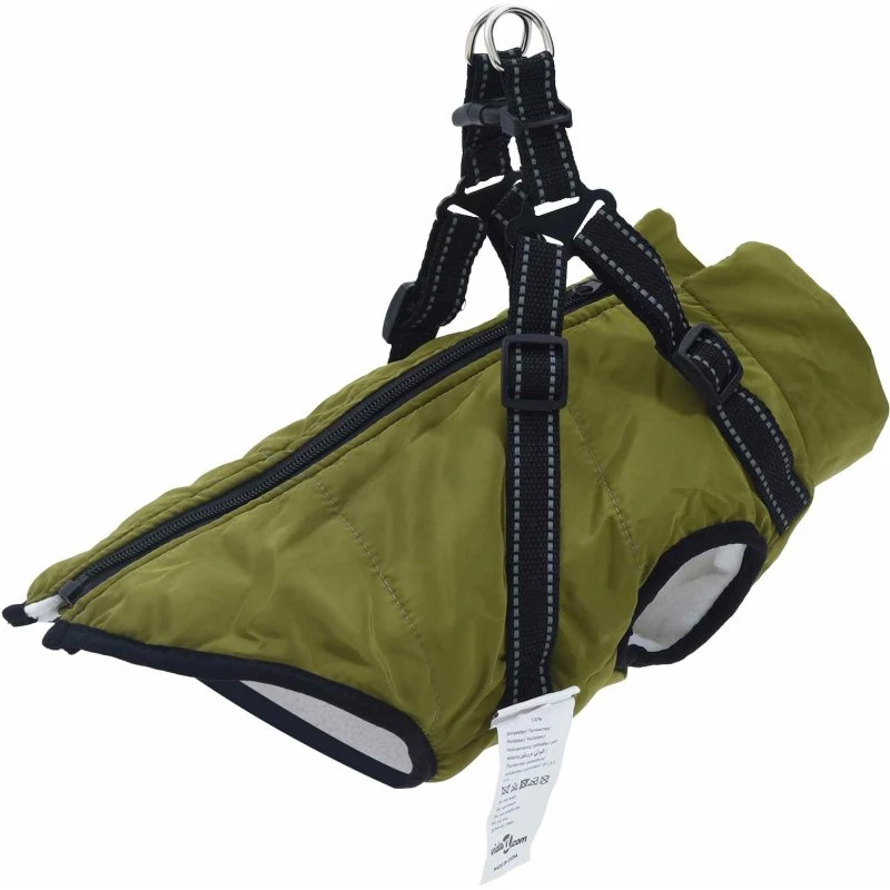 Army grøn hundejakke med sele - fleece & polyester, str. M