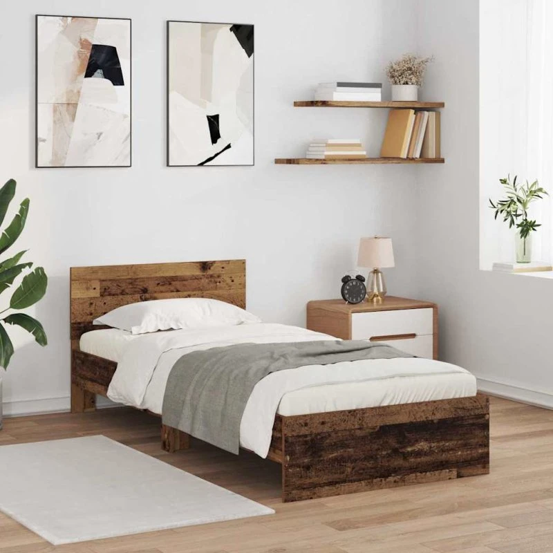 Sengestel 90x200 cm i konstrueret træ med LED hovedgavl