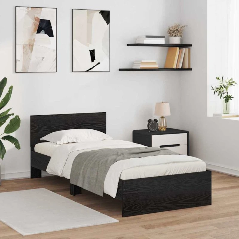 Sengestel 90x200 med hovedgærde - Sort eg, LED