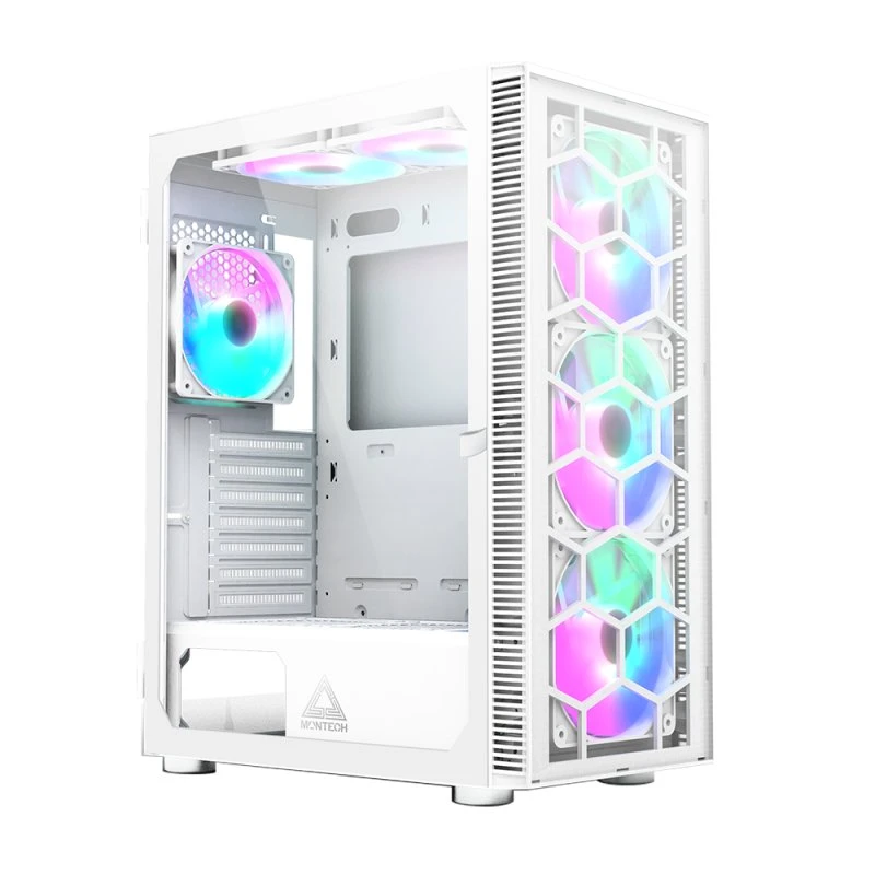 Montech X3 Glass White Miditower med 6 RGB-fans & svingbart glas