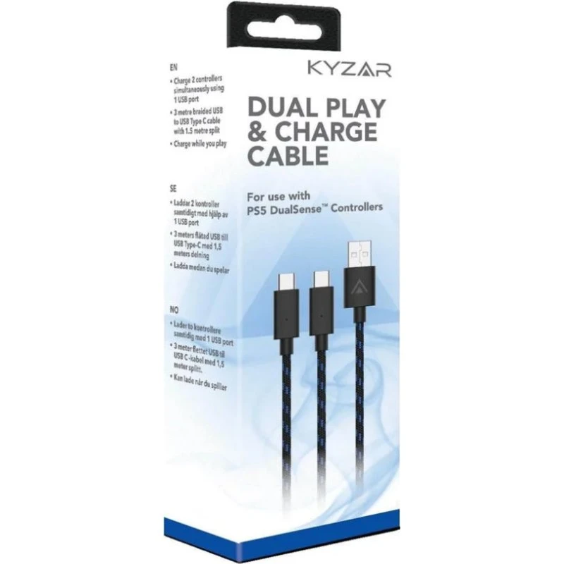 Kyzar Play & Charge-kabel til PS5, 3 m - Sort