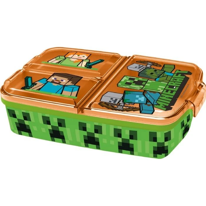 Minecraft madkasse 3 rum - Creeper (orange/grøn, 18,5×13,5×5,5 cm)